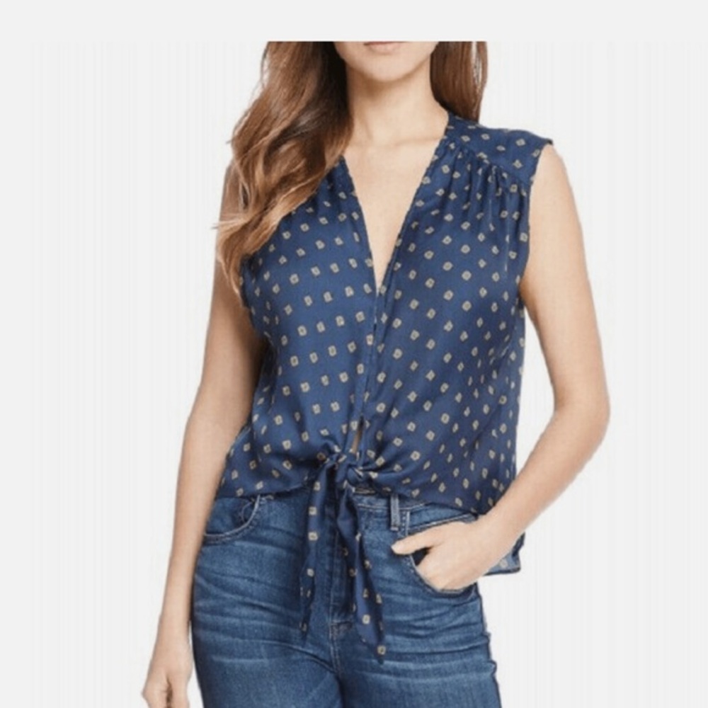 Free People Printed Tie Front Sleeveless V Neck Blouse Top Blue Gold Size XS